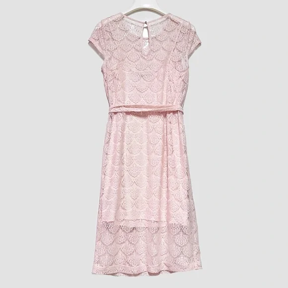 Jessica Simpson Lace Midi Dress Size 8 Blush Pink Scalloped Chain Collar Belted - Picture 2 of 16